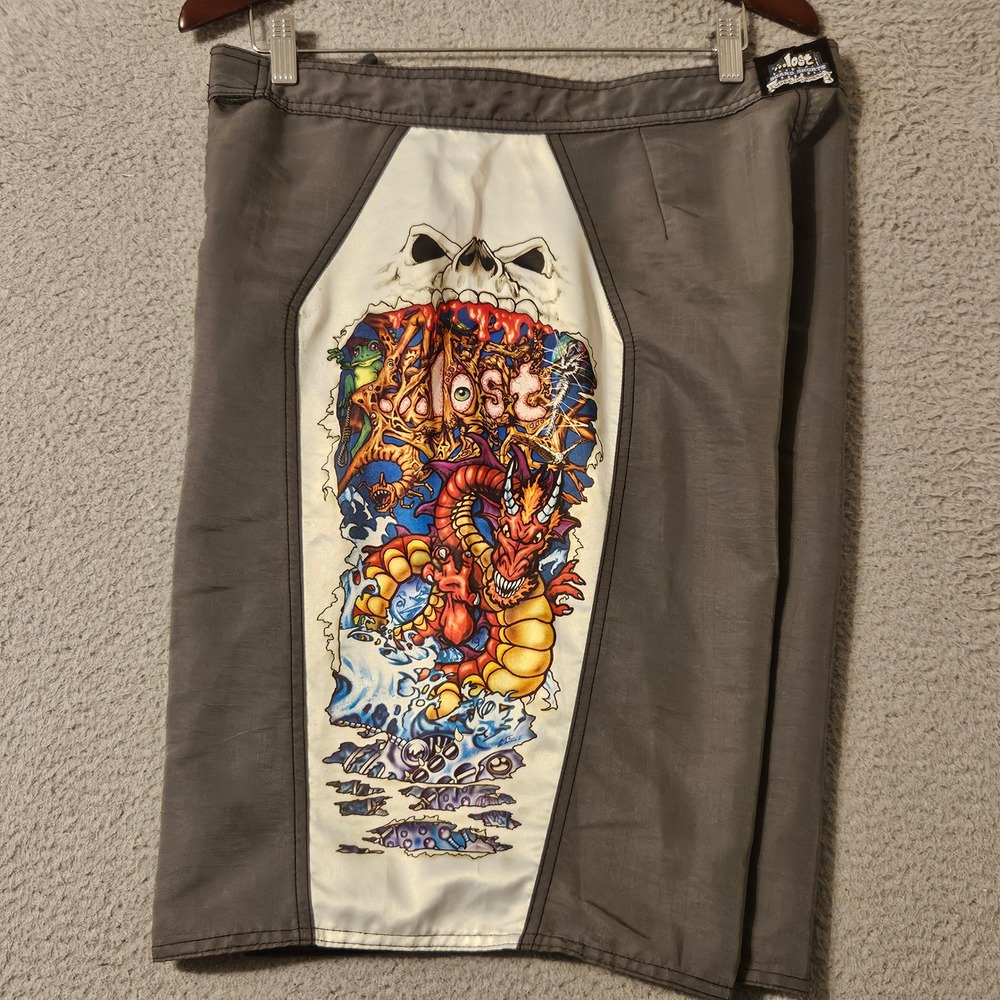 Lost Enterprises Board Shorts Mens 34 Grey Dragon Skull Graphic Ripstop Y2K USA